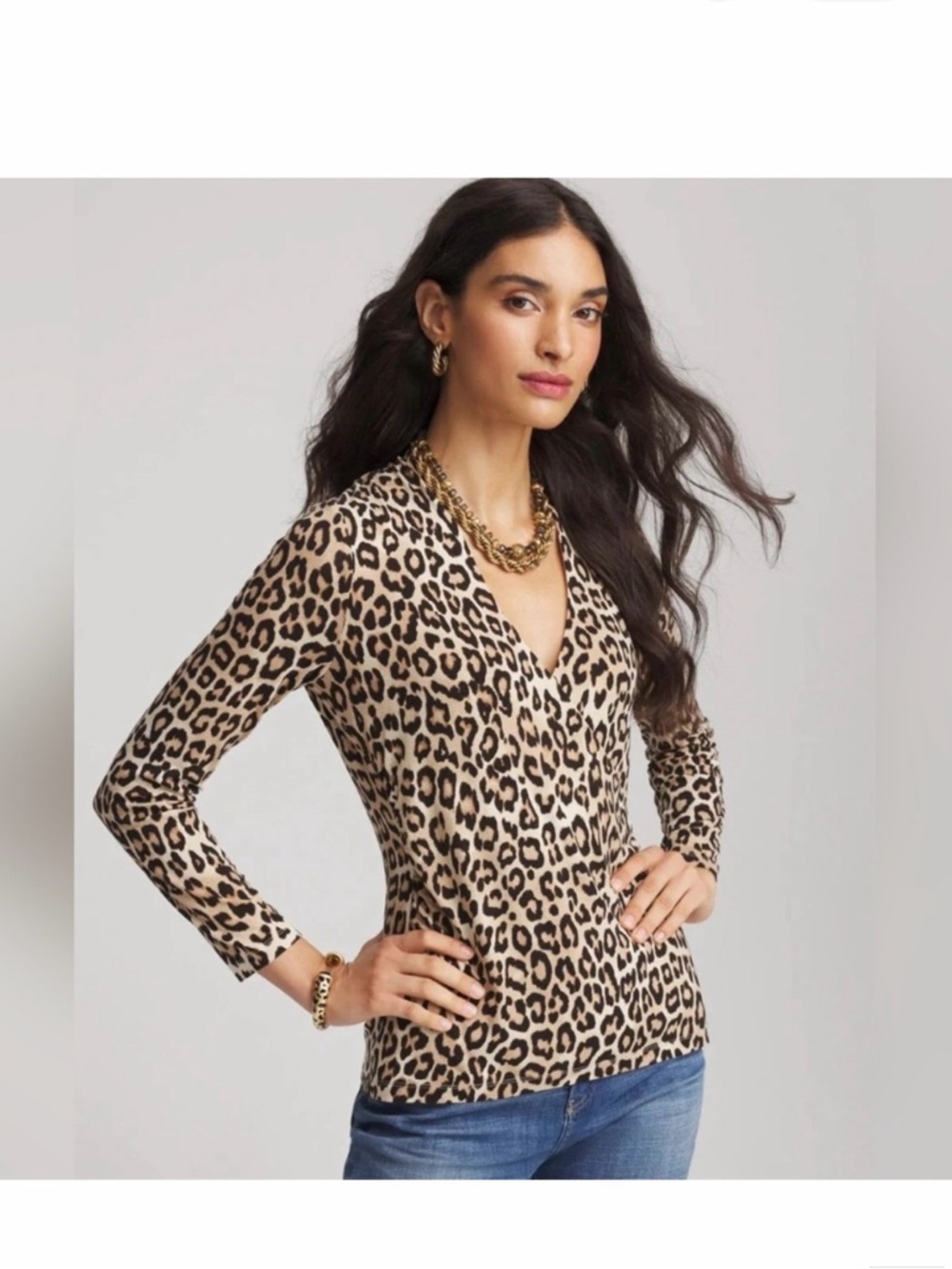 Chico's Leopard Print V-Neck Long Sleeve Top - Beige/Black